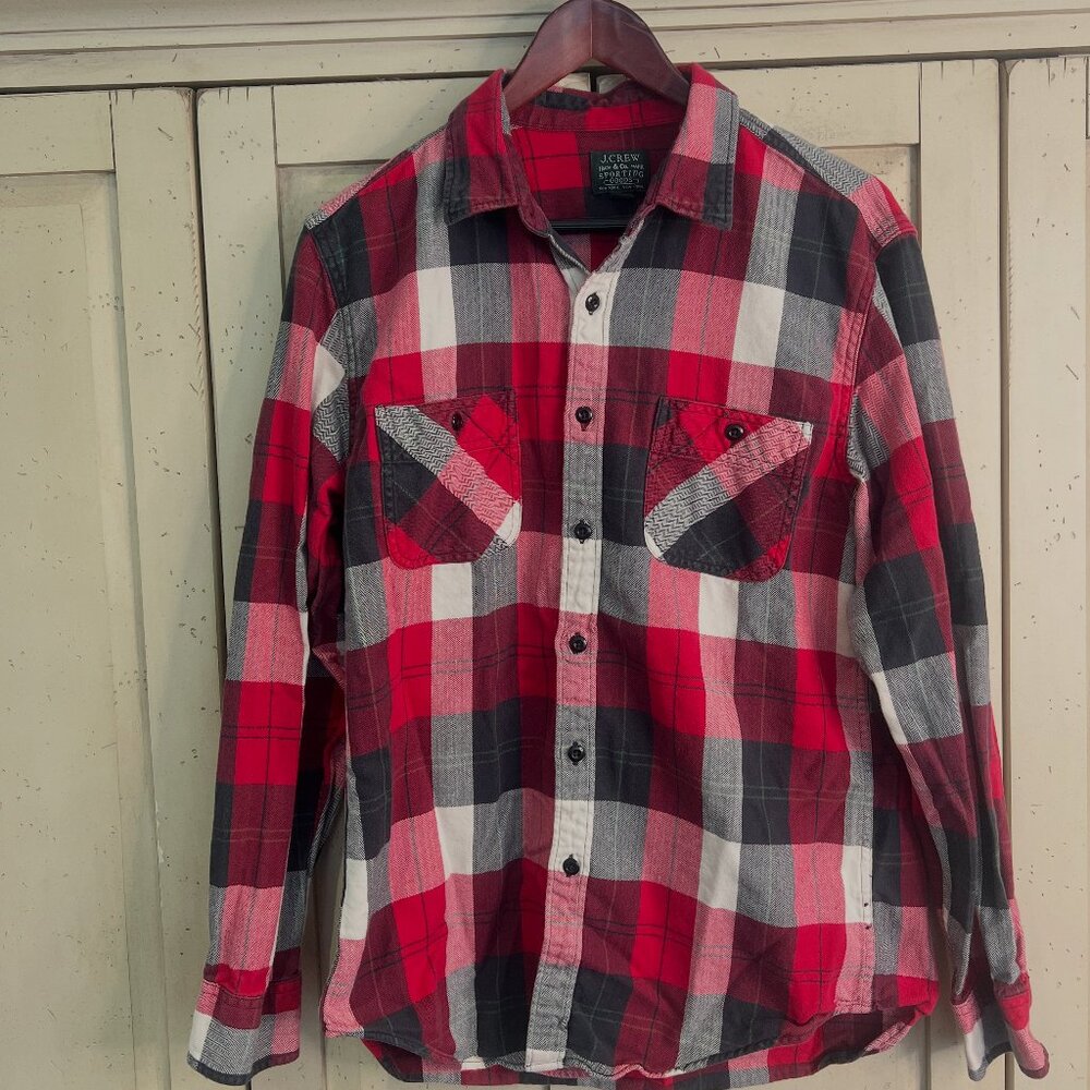 J.Crew Red Black White Plaid Flannel Button Down Shirt, Size Large